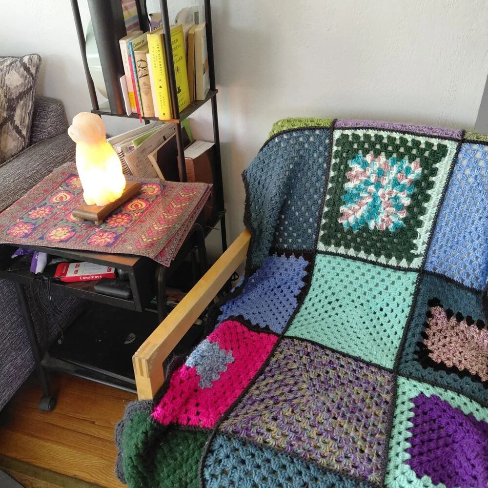 Vintage 70s Crochet Granny Square Panels Handmade Afghan Blanket Retro Boho